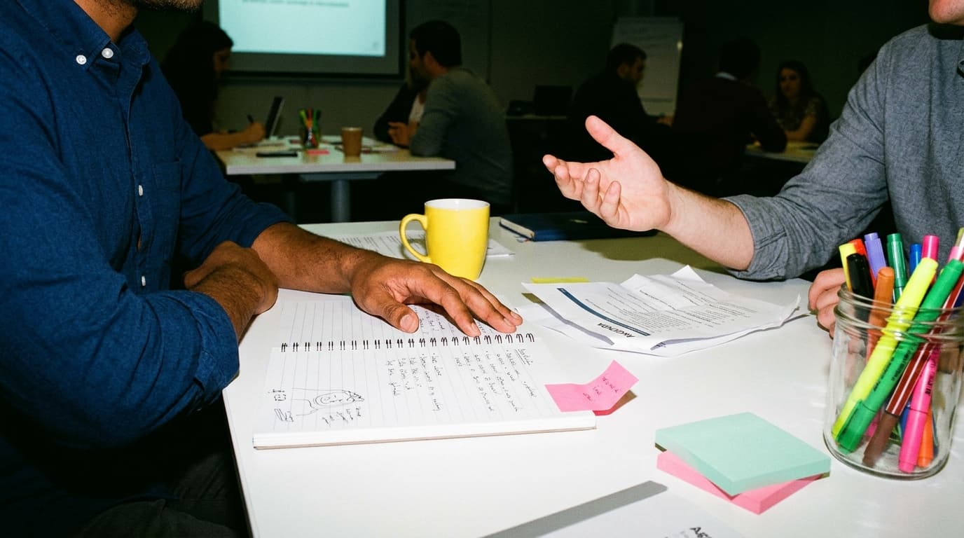closeup of hands sitting at a desk with paper and postits in front of them