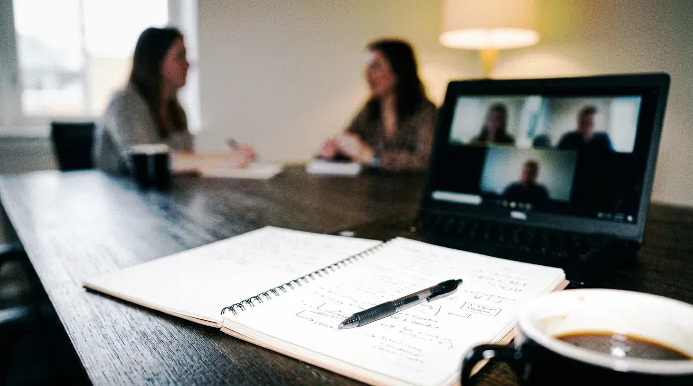 a meeting in an office. focus is on a notebook